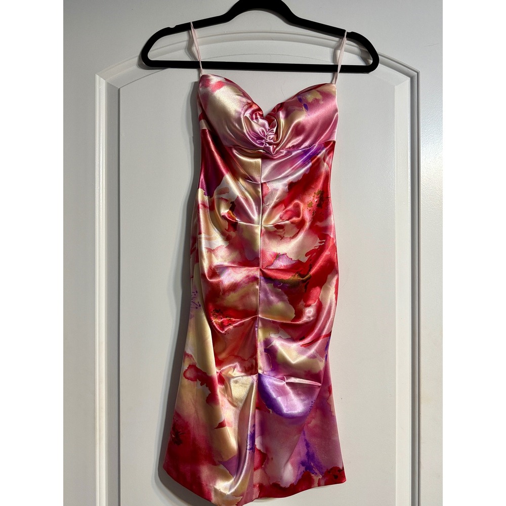 Jump Apparel Cocktail Dress 1/2 Pink Satin Ruched Floral Prom Cocktail Wedding